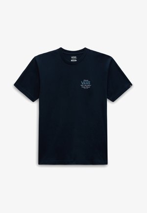 T-shirt en coton bleu marine avec un col rond, des manches courtes et un imprimé sur le devant avec les mentions "VANS" et "OFF THE WALL".