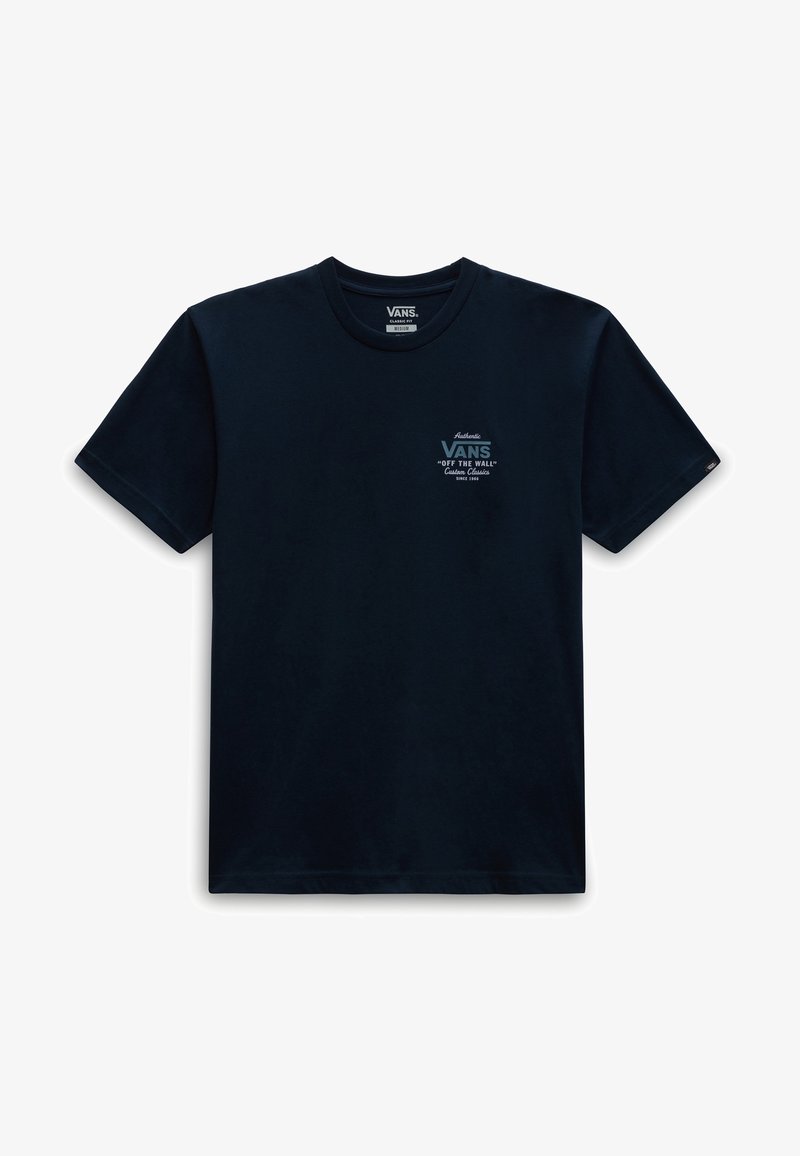 T-shirt en coton bleu marine avec un col rond, des manches courtes et un imprimé sur le devant avec les mentions "VANS" et "OFF THE WALL".