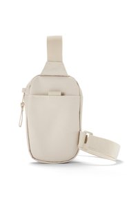 Borsa a tracolla beige realizzata in tessuto morbido, con una tasca frontale, tracolla regolabile e chiusura a zip sul comparto principale.