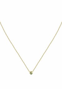 Goldener Halsketten mit einem runden, grünen Edelstein-Anhänger. Die Kette hat ein klassisches Gliederdesign mit einer glatten, polierten Oberfläche.