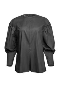 Black blouse with puffed sleeves, high neckline, and front pleat. Features button accents on sleeves and a smooth, textured fabric.