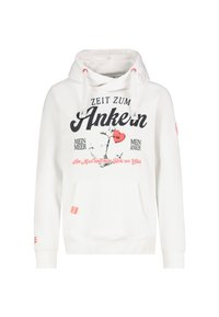 Weißer Hoodie mit einer Fronttasche, versehen mit schwarzen und roten Schriftzügen sowie einem Anker-Design. Mit Kordelzug und strukturierten Bündchen.