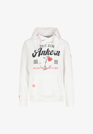 White hoodie with a front pocket, featuring black and red text designs, and an anchor graphic. Includes drawstrings and textured cuffs.