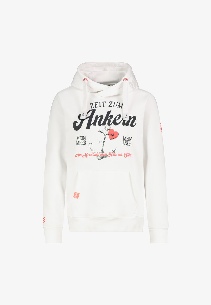 Weißer Hoodie mit einer Fronttasche, versehen mit schwarzen und roten Schriftzügen sowie einem Anker-Design. Mit Kordelzug und strukturierten Bündchen.