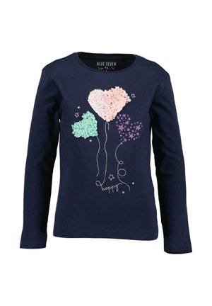 Marineblå langærmet t-shirt med teksturerede broderede balloner i pink, mint og lilla, med teksten "happy" og stjerneaccenter i sølv.