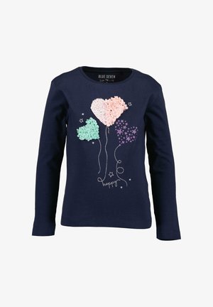 Marineblaues Langarm-T-Shirt mit strukturierten, bestickten Ballons in Pink, Mint und Lila, das den Text "happy" und silberne Sternakzente zeigt.