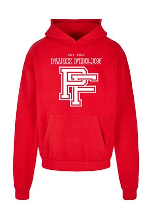 Red hooded sweatshirt made of cotton, featuring a front kangaroo pocket, ribbed cuffs, and a white graphic with "PARK FIELDS" and "EST. 1961."