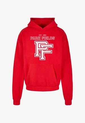 Czerwona bluza z kapturem wykonana z bawełny, z kieszonką kangurką z przodu, ściągaczami przy rękawach oraz białą grafiką z napisem "PARK FIELDS" i "EST. 1961."