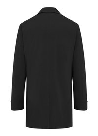 Schwarzer Mantel mit geradem Schnitt, einreihigem Design, Spitzkragen und langen Ärmeln. Glatte Textur ohne sichtbare Hardware oder Verzierungen.