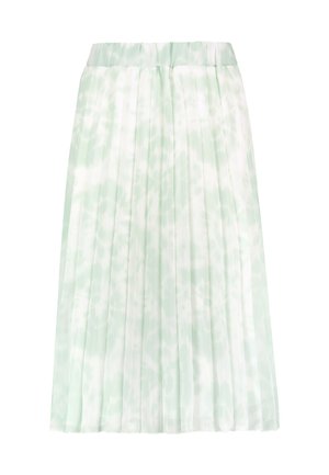 Pleated skirt in light green with a tie-dye pattern, featuring a smooth, lightweight fabric and an elastic waistband.
