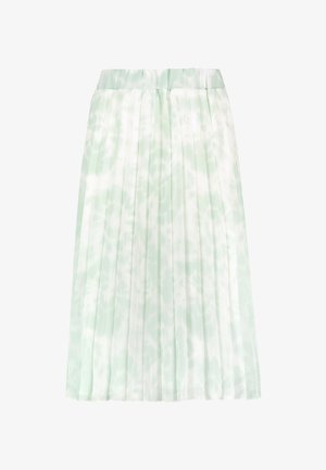 Pleated skirt in light green with a tie-dye pattern, featuring a smooth, lightweight fabric and an elastic waistband.