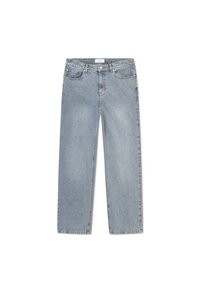 Light blue denim jeans with a straight-leg cut, five-pocket design, and a faded finish. Features a button and zipper closure.