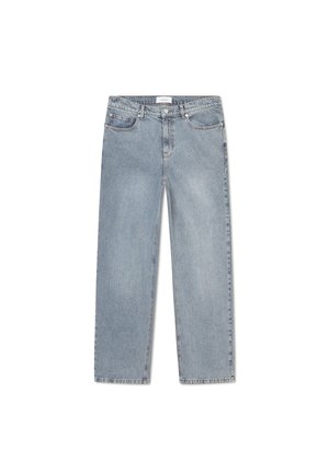 Light blue denim jeans with a straight-leg cut, five-pocket design, and a faded finish. Features a button and zipper closure.