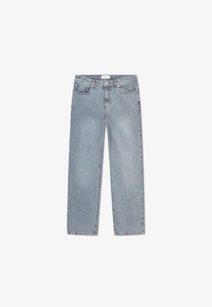 Light blue denim jeans with a straight-leg cut, five-pocket design, and a faded finish. Features a button and zipper closure.