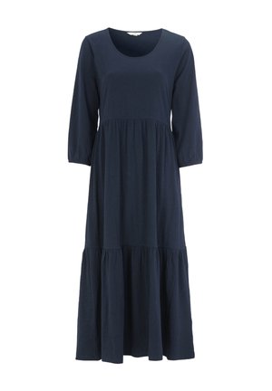 Robe midi bleu marine à manches longues avec encolure dégagée, taille et ourlet froncés, en tissu doux.