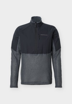 Dunkelgrauer Fleecepullover mit strukturierter unterer Hälfte, glatter oberer Brustpartie und Ärmeln, halbem Frontreißverschluss und hohem Kragen.