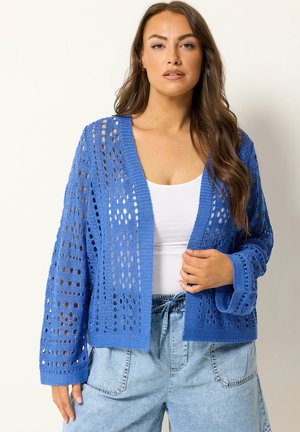 Frau trägt eine blaue offen gestrickte Strickjacke über einem weißen Tanktop und hellblauen hochgeschnittenen Jeans, steht vor einem einfarbigen Hintergrund.
