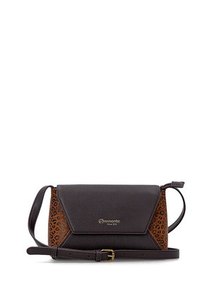 Dark brown leather crossbody bag with leopard print side panels, gold logo on flap, and adjustable strap with gold buckle.