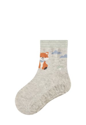 Gray cotton sock featuring an orange fox design, scattered blue clouds, and green accents on the cuff. Textured sole for grip.