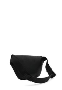 Borsa a tracolla nera in pelle con superficie testurizzata, forma arrotondata e tracolla regolabile con fibbia in plastica.