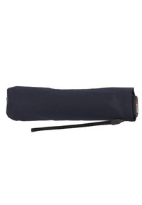 Compact navy umbrella with a sleeve cover, featuring a wrist strap and a black plastic handle. Smooth texture with a tapered shape.