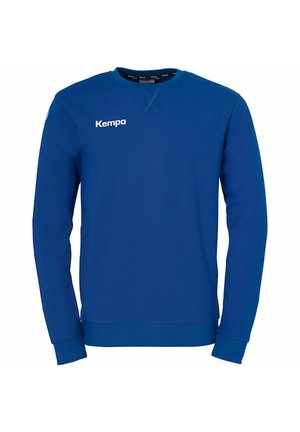 Blauwe longsleeve sweatshirt met ronde hals en het "Kempa" logo op de bovenste linkerborst, met ribgebreide mouwen en onderrand.