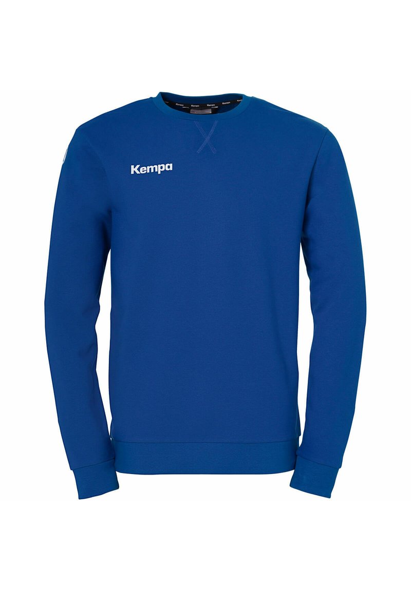 Blå langærmet crewneck sweatshirt med "Kempa" logo på den øverste venstre bryst og ribbede manchetter og kant.