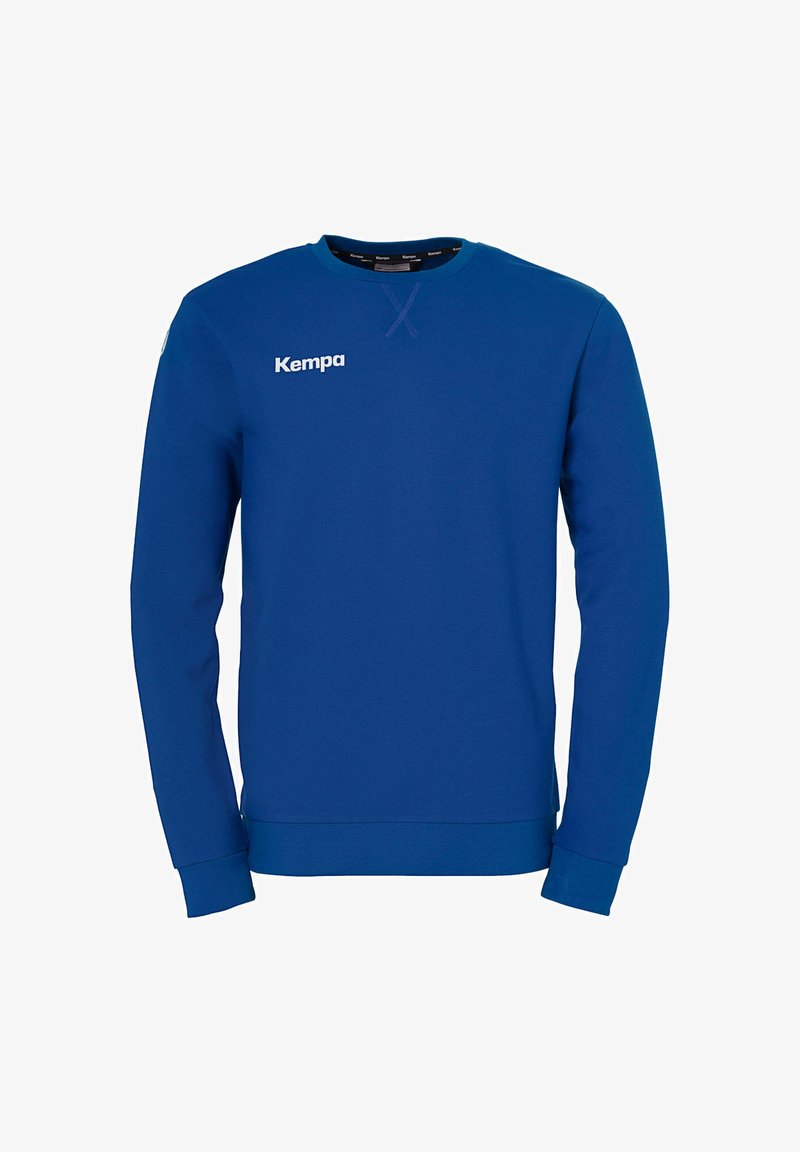Blauwe longsleeve sweatshirt met ronde hals en het "Kempa" logo op de bovenste linkerborst, met ribgebreide mouwen en onderrand.