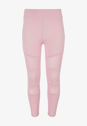 Roza legice z gladko teksturo in prosojnimi paneli na stegnih. Zasnovane za tesno prileganje in raztegljiv material.