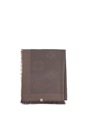 Brown woven scarf with subtle geometric patterns and fringed edges, folded neatly with a small beige label at the bottom center.