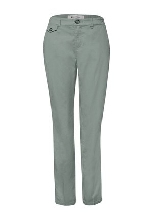 Vaaleanvihreät slim-fit-housut, joissa on napitus ja pieni nappikiinnitteinen läppätasku oikealla etuvyötäröllä.