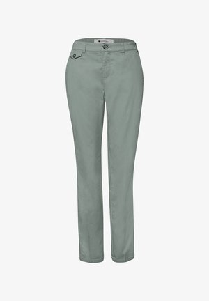 Jasnozielone, dopasowane spodnie o wąskim kroju, z zapięciem na guziki oraz małą kieszenią z klapką zapinaną na guzik po prawej stronie z przodu w pasie.