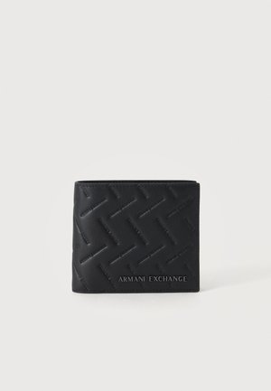 Portefeuille en cuir noir avec texte Armani Exchange embossé en diagonale et logo Armani Exchange argenté au centre avant.