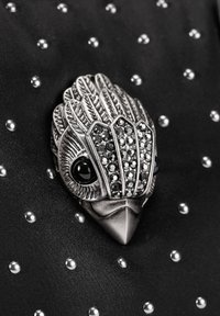 Srebrna broszka w kształcie ptaka z detalicznie wykonanymi piórami, czarnymi oczami z kamieni szlachetnych oraz błyszczącymi akcentami, na tle czarnej tkaniny ozdobionej małymi perłami.