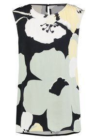 Top senza maniche in tessuto leggero, con un motivo floreale in nero, bianco, verde chiaro e giallo. Chiusura a occhietto sul retro.