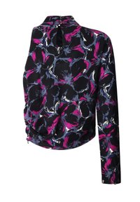 Blusa a maniche lunghe in tessuto nero con un audace motivo floreale in rosa, viola e blu, con colletto alto e chiusura con bottoni sul retro.
