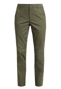 Pantalons ajustés vert olive en tissu lisse. Présentent des poches avant et un design ajusté avec une taille plate.