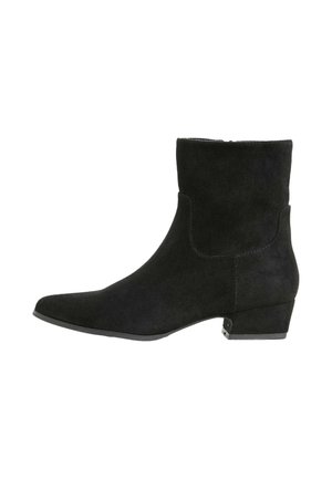 Schwarze Wildleder-Stiefelette mit einer spitzen Zehe und einem niedrigen Blockabsatz. Verfügt über klare Linien und ein minimalistisches Design, geeignet für verschiedene Outfits.