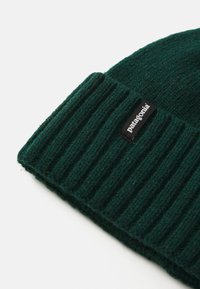 Green knitted beanie with ribbed design. Features a black Patagonia label on the brim. Thick, textured wool material.