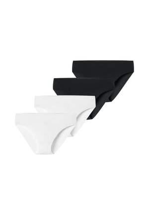 Cztery bezszwowe majtki bikini w rzędzie, dwie pary czarne i dwie pary białe, ułożone na przemian na białym tle.