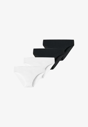 Quattro slip bikini senza cuciture in fila, due paia nere e due paia bianche, disposti alternativamente su sfondo bianco.