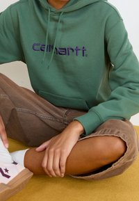 Zelená mikina s kapucí a fialovým vyšitým logem, dlouhé rukávy, nastavitelná kapuce; v kombinaci s hnědými kalhotami širokého střihu a teniskami.