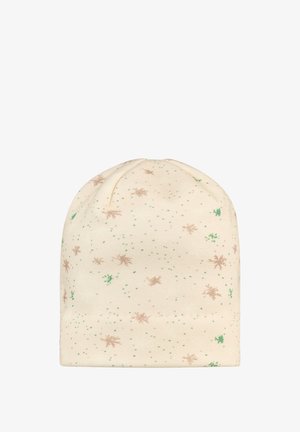 Strickmütze in Cremefarbe mit Schneeflocken- und Punktmustern in Grün und Hellbraun. Weiche Textur mit einem nahtlosen Oberteil.