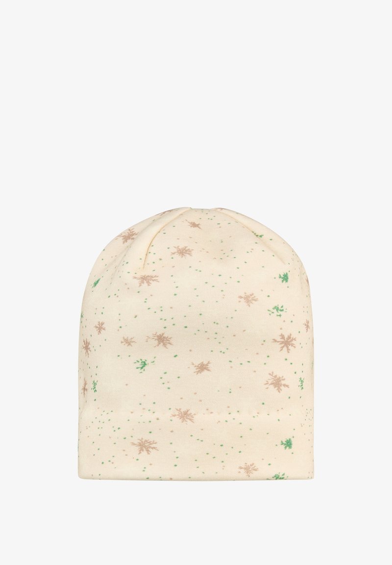 Knitted beanie in cream color with snowflake and dot patterns in green and light brown. Soft texture with a seamless top design.