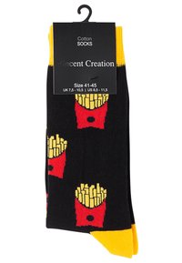 Chaussettes en coton noires avec des accents jaunes, ornées de motifs répétés de boîtes de frites rouges avec des frites dorées. Taille 41-45.