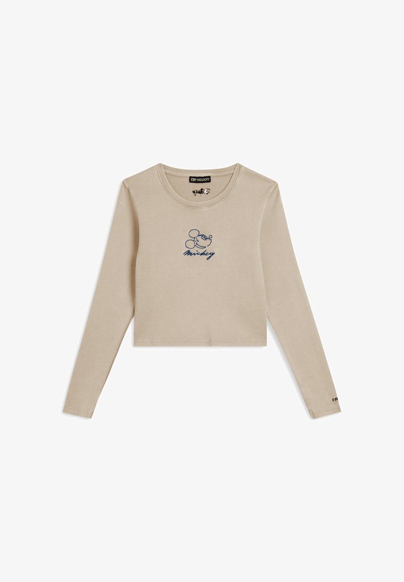 Crop top beige a maniche lunghe realizzato in tessuto a costine, con un design ricamato di Topolino blu sul davanti e scollatura rotonda.