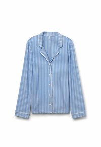 Blauwe gestreepte blouse met lange mouwen en witte bies en knopen, met een getailleerde kraag en een relaxed fit. Gemaakt van zachte stof.