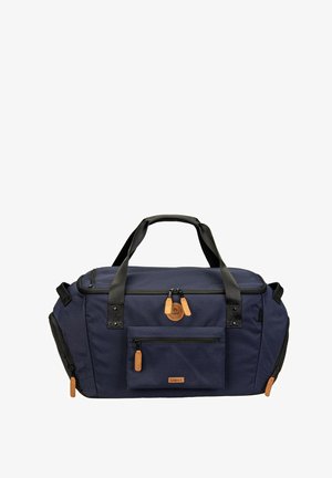 Sac de sport bleu marine avec poignées noires, tirettes de fermeture éclair marron, poche avant et compartiments latéraux zippés, conçu pour les voyages et l'utilisation en salle de sport.