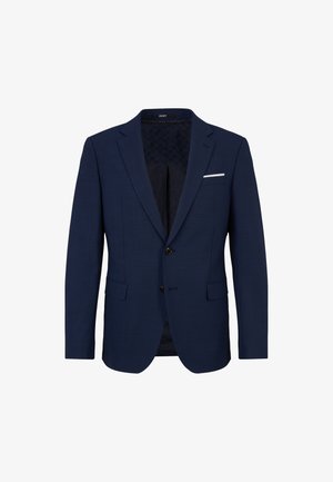 Navy blue blazer made of smooth fabric, featuring two buttons, notch lapels, and a single white pocket square. Textured inner lining.
