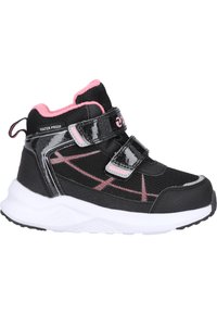 Wasserdichte schwarze High-Top-Sneaker mit pinken Akzenten, Obermaterial aus Textil und Synthetik, doppelte Klettverschlussriemen und strukturierte weiße Gummisohle.